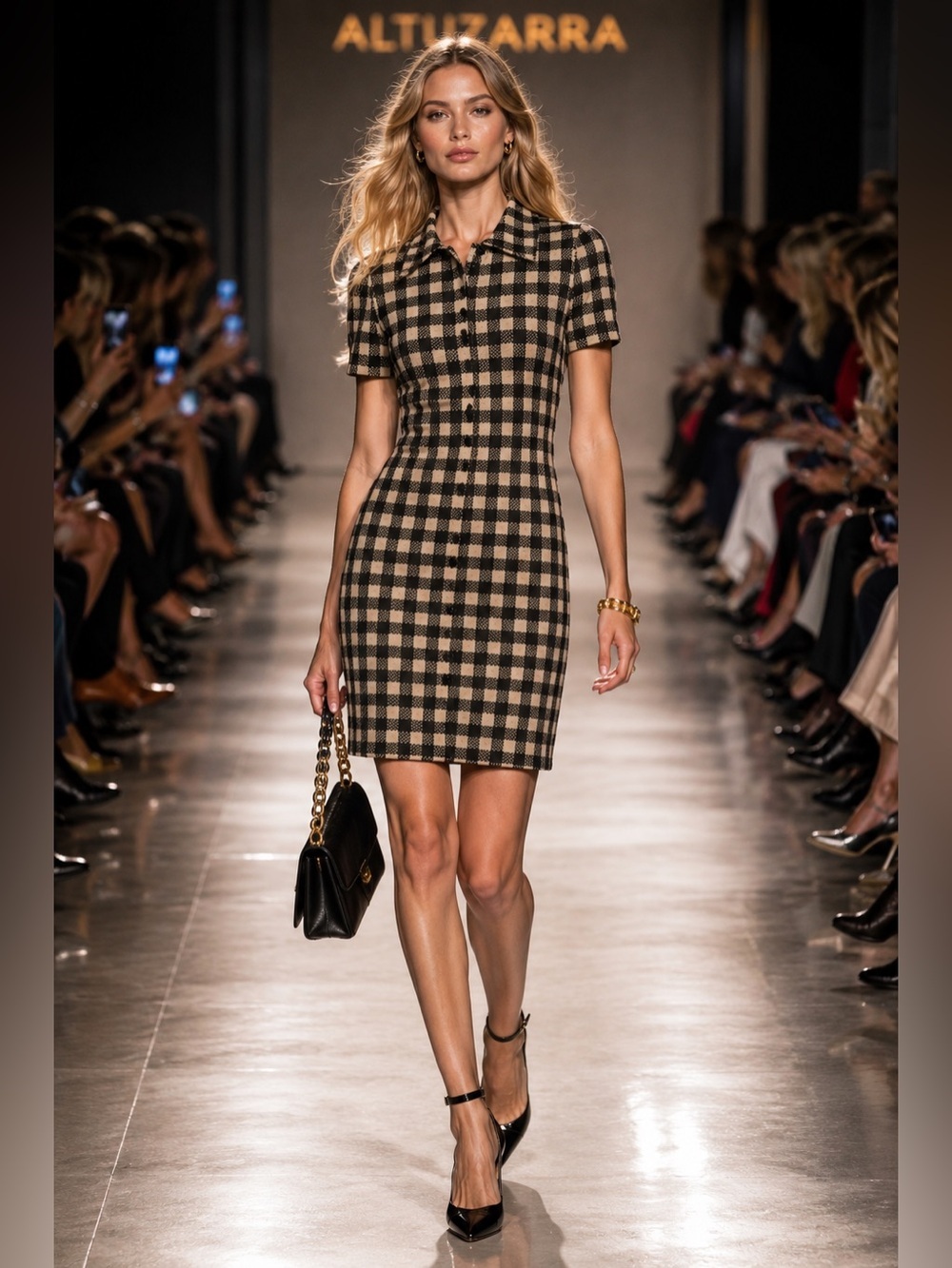 Altuzarra Beige and Black Checked Short-Sleeve Mini Dress New XS